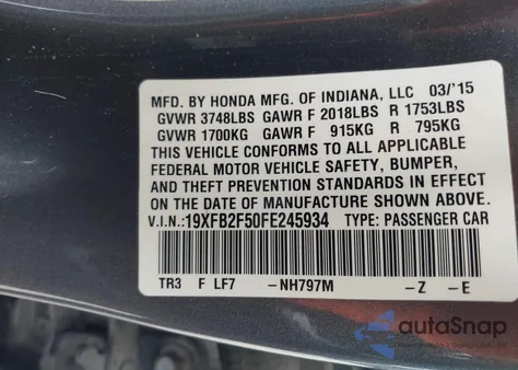 2015 Honda Civic Lx from USA, damaged, VIN 19XFB2F50FE245934